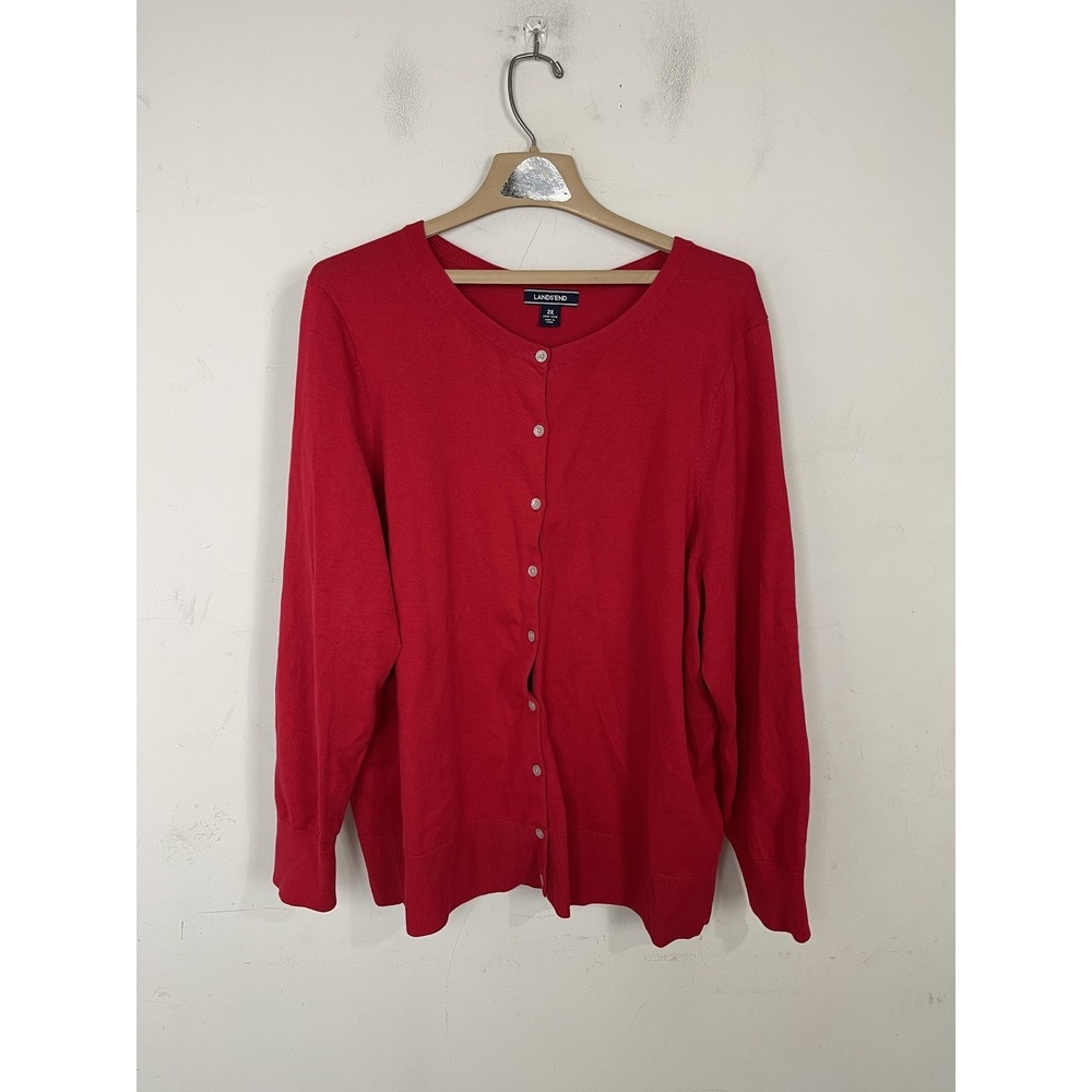 Lands End Womens Cardigan Sweater 2X 20W-22W Red Holiday Office Classic Layering